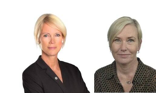 Saila Quicklund (M) och Anna Johansson (S). Bilden är sammanfogad av två porträtt. Båda kvinnorna har mörk blus och blont hår.